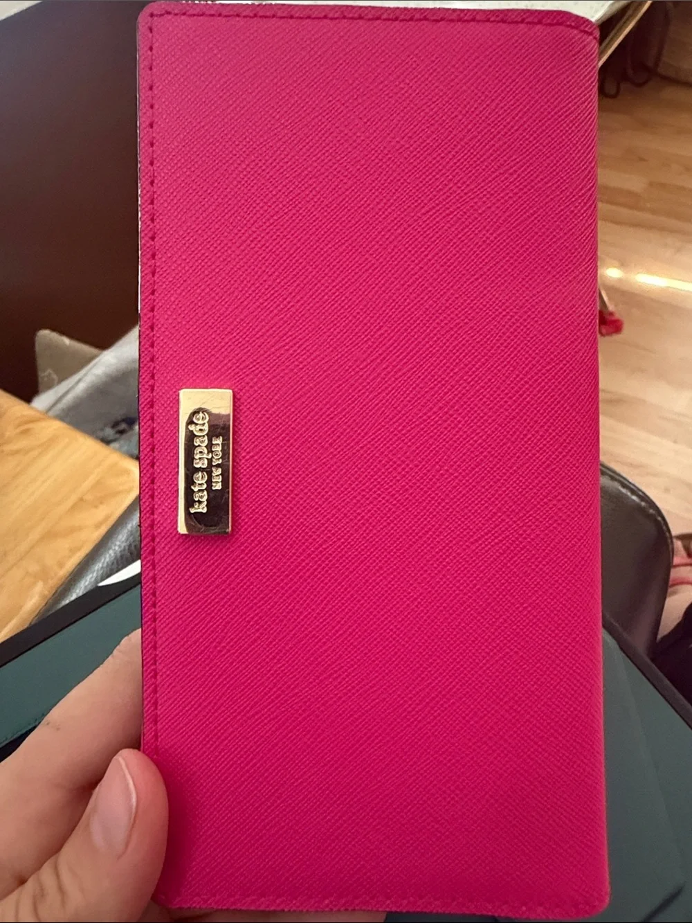 kate spade hot pink Saffiano wallet with gold logo plaque